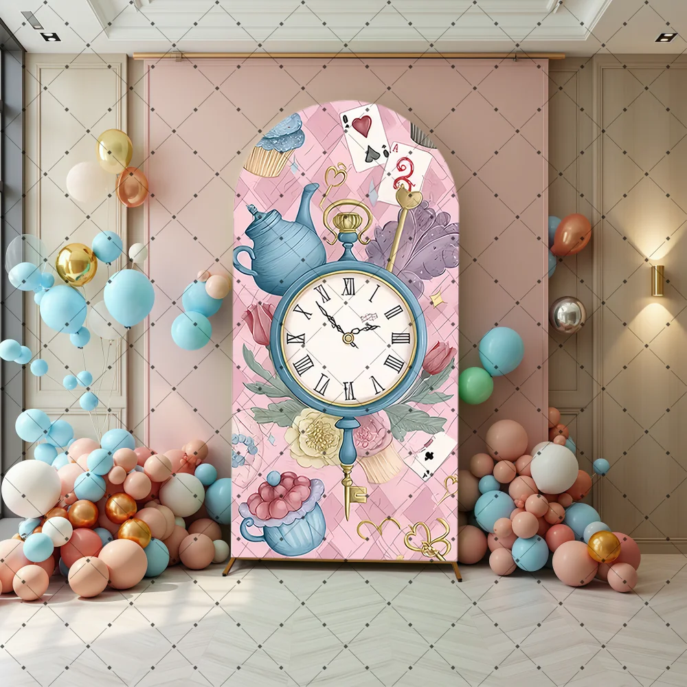 Alice In Wonderland Party Arched Background Birthday Girl Tea Party Photography Flower Pocket Watch Backdrop Kid Photo