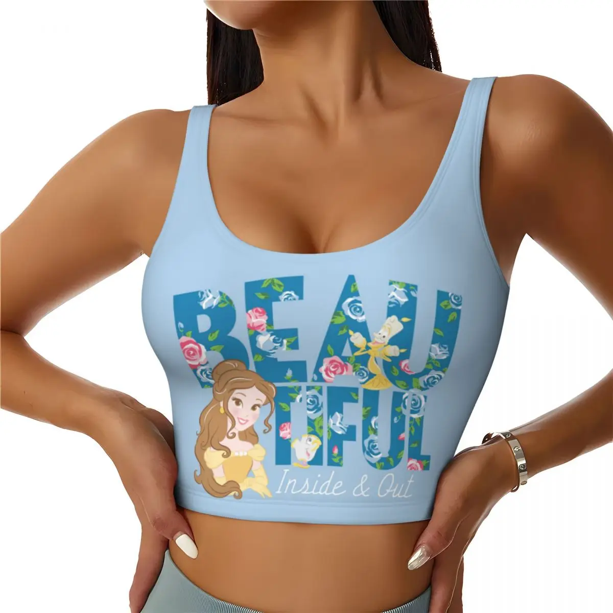 Custom Women's Beauty And The Beast Belle Beautfiul Inside & Out Sports Bra High Impact Gym Workout Yoga Crop Tank Tops