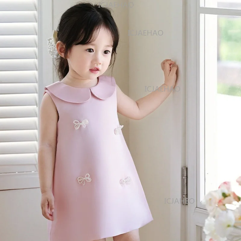 2026 Baby Children First Birthday Dress New Kids Kids Ruffled Collar Little Pageant Costume Pink A Line Simple Fashion Gown