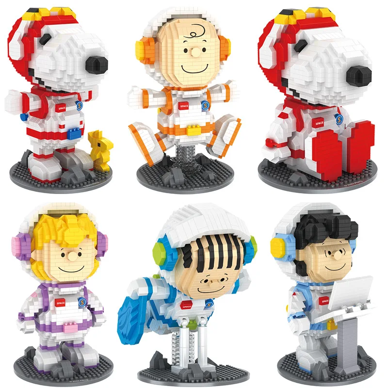 Snoopy Micro bloques de construcción astronauta Snoopy Charles espacio modelo 3D DIY rompecabezas Mini figuras de ladrillos juguetes para regalo de Navidad