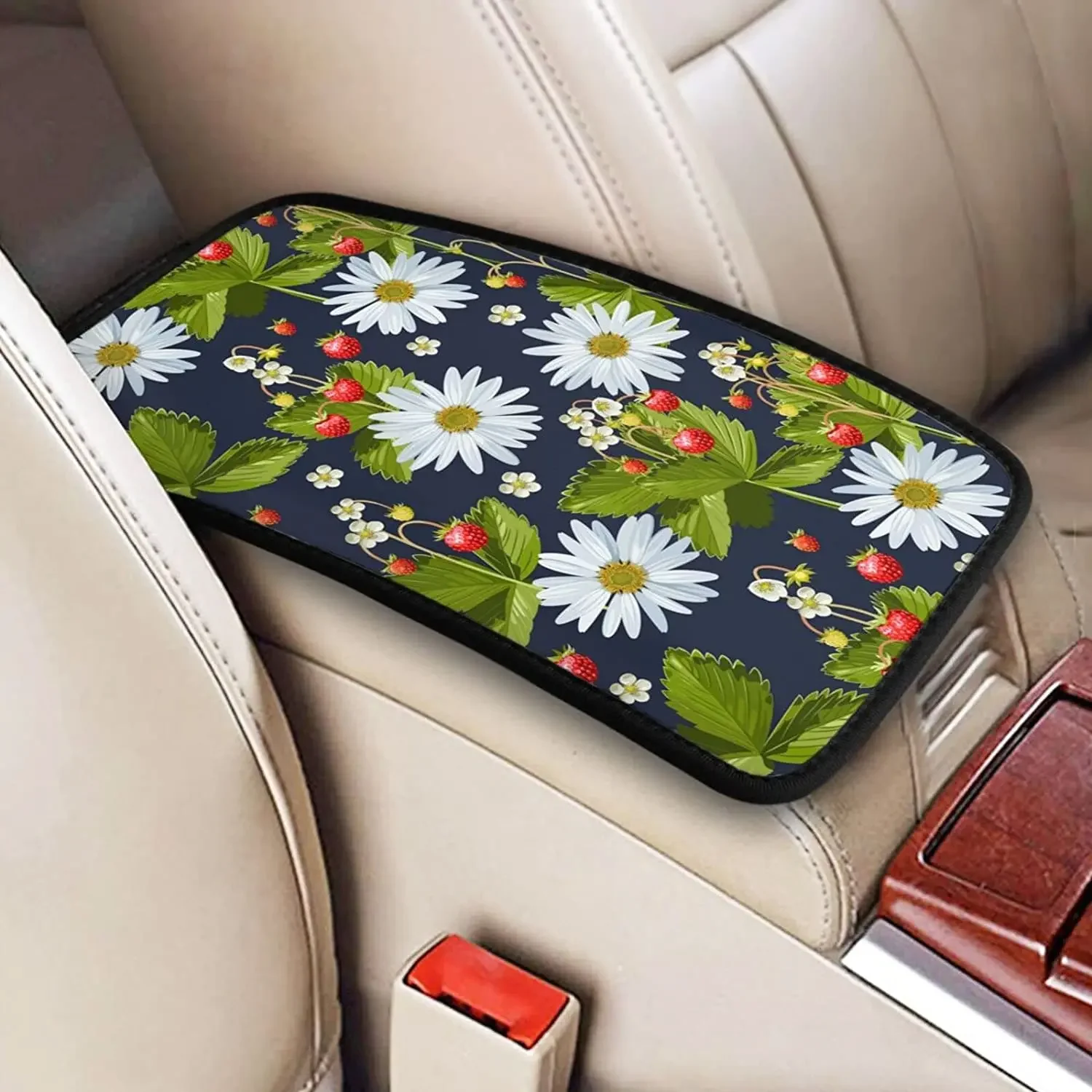 Vehicle Center Console Armrest Cover Pad, Camomile & Wild Strawberry Pattern Print Soft Comfort Car Handrail Box Cushion Univers