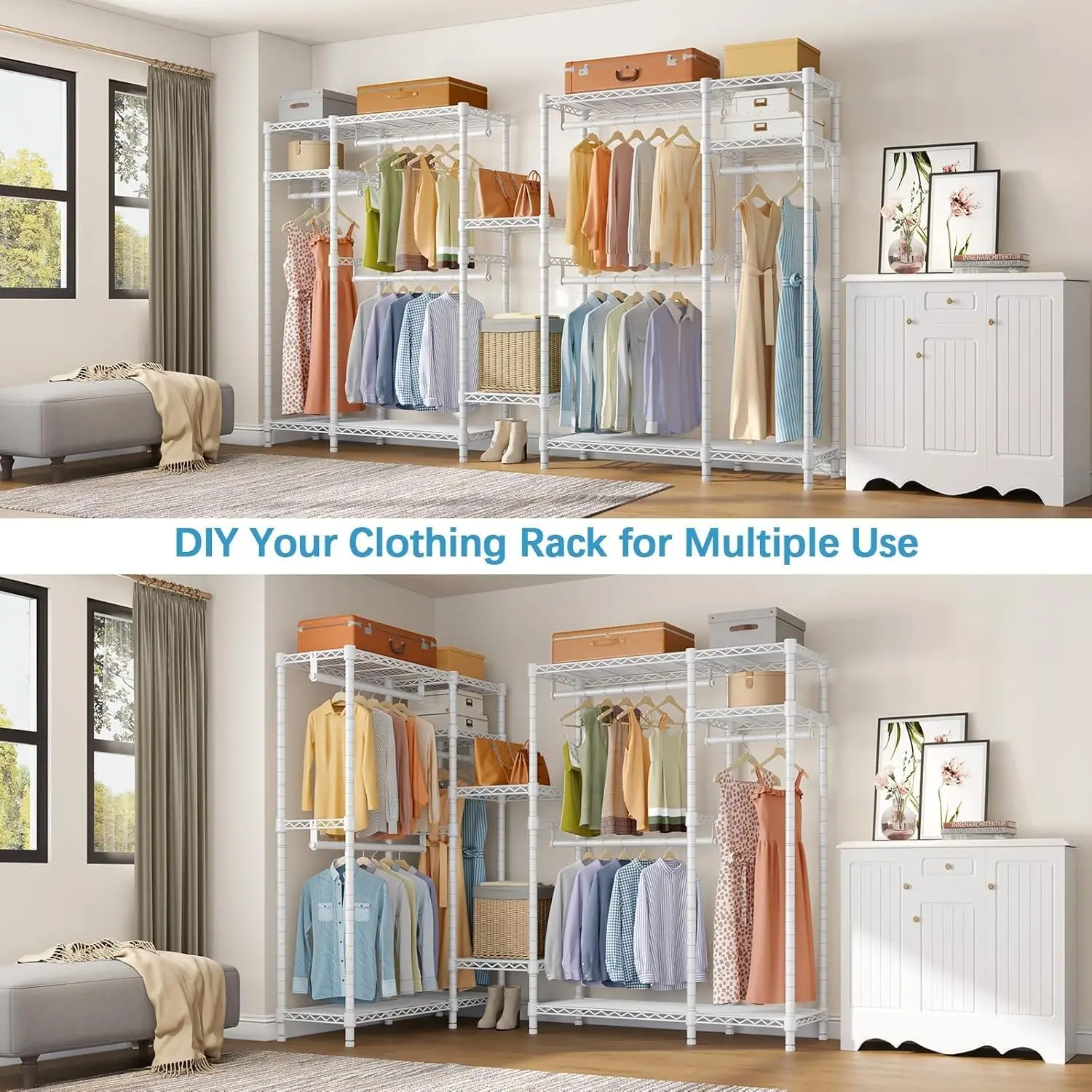 V2i 휴대용 의류 랙, 4개의 선반과 2개의 막대 포함, 고강도 금속 옷걸이, 최대 하중 700파운드