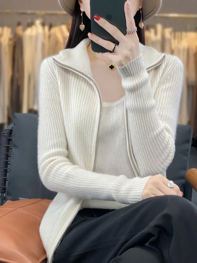 2024 High Quality Women Sweater Spring Autumn Warm Long Sleeve Cardigan 100% Merino Wool Fashion Zipper Knit Sweater Women Coat