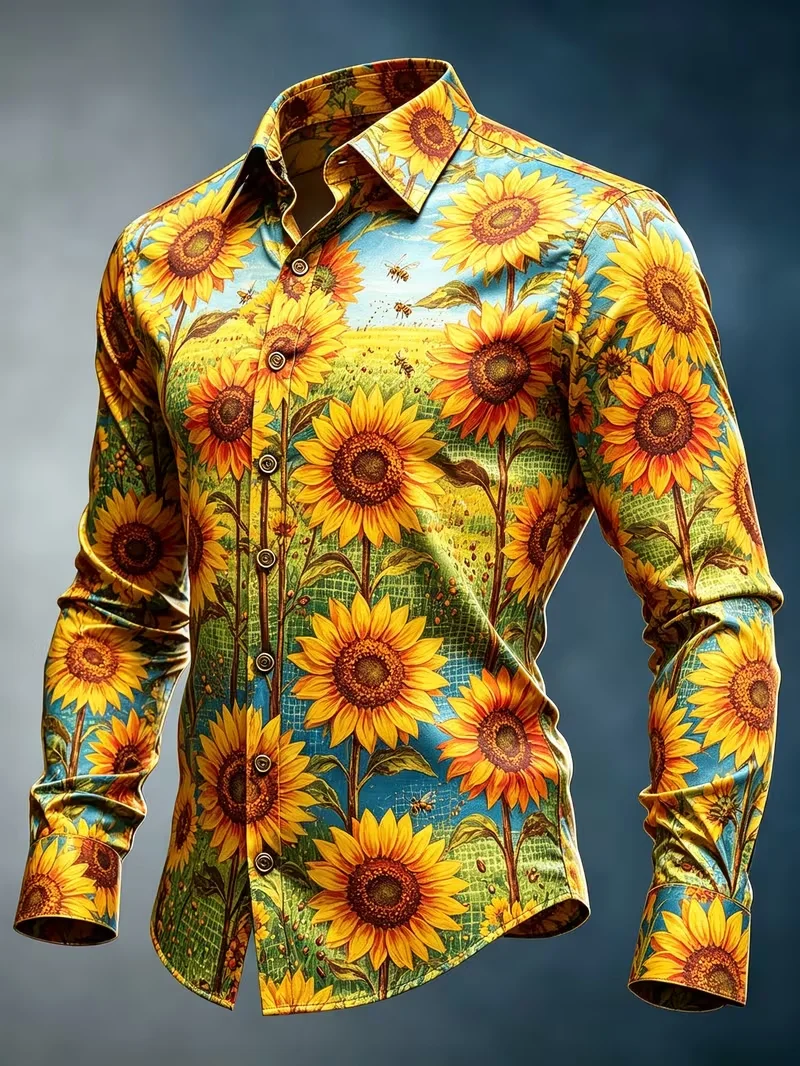 New Black Gold Retro Peony Folding Fan Printed Shirt  Light Luxury Palace Style Slim Fit men's Long Sleeved Shirt