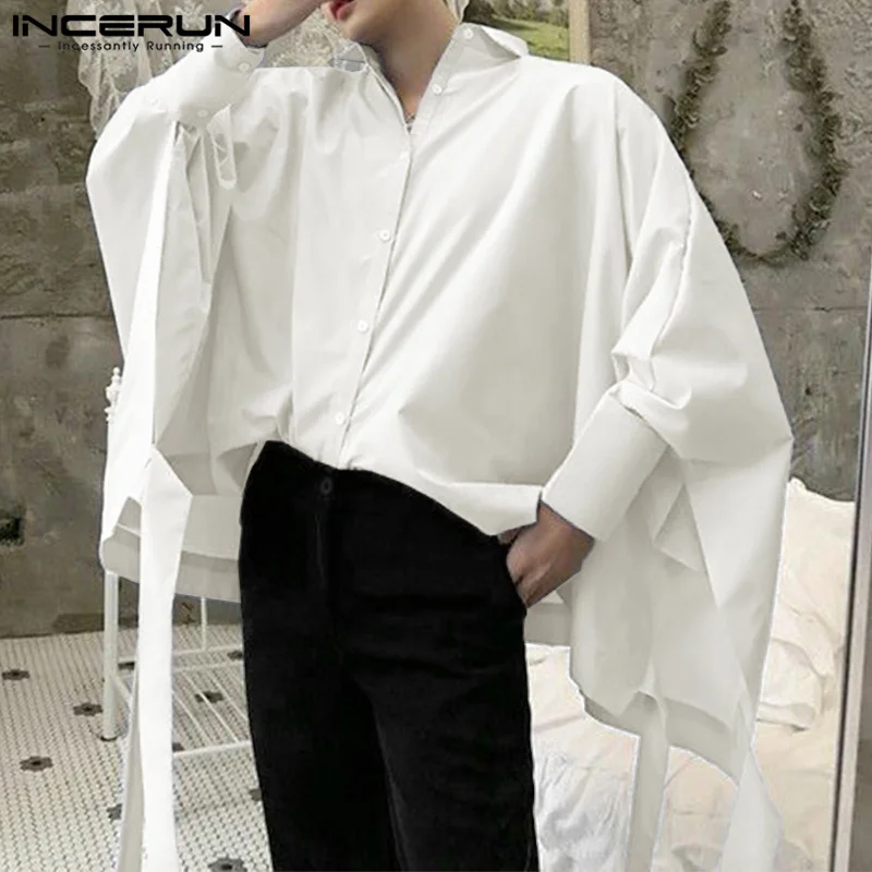 Stylish Well Fitting Tops INCERUN Men Deconstruction Design Loose All-match Shirts Casual Simple Male Solid Ribbon Design Blouse