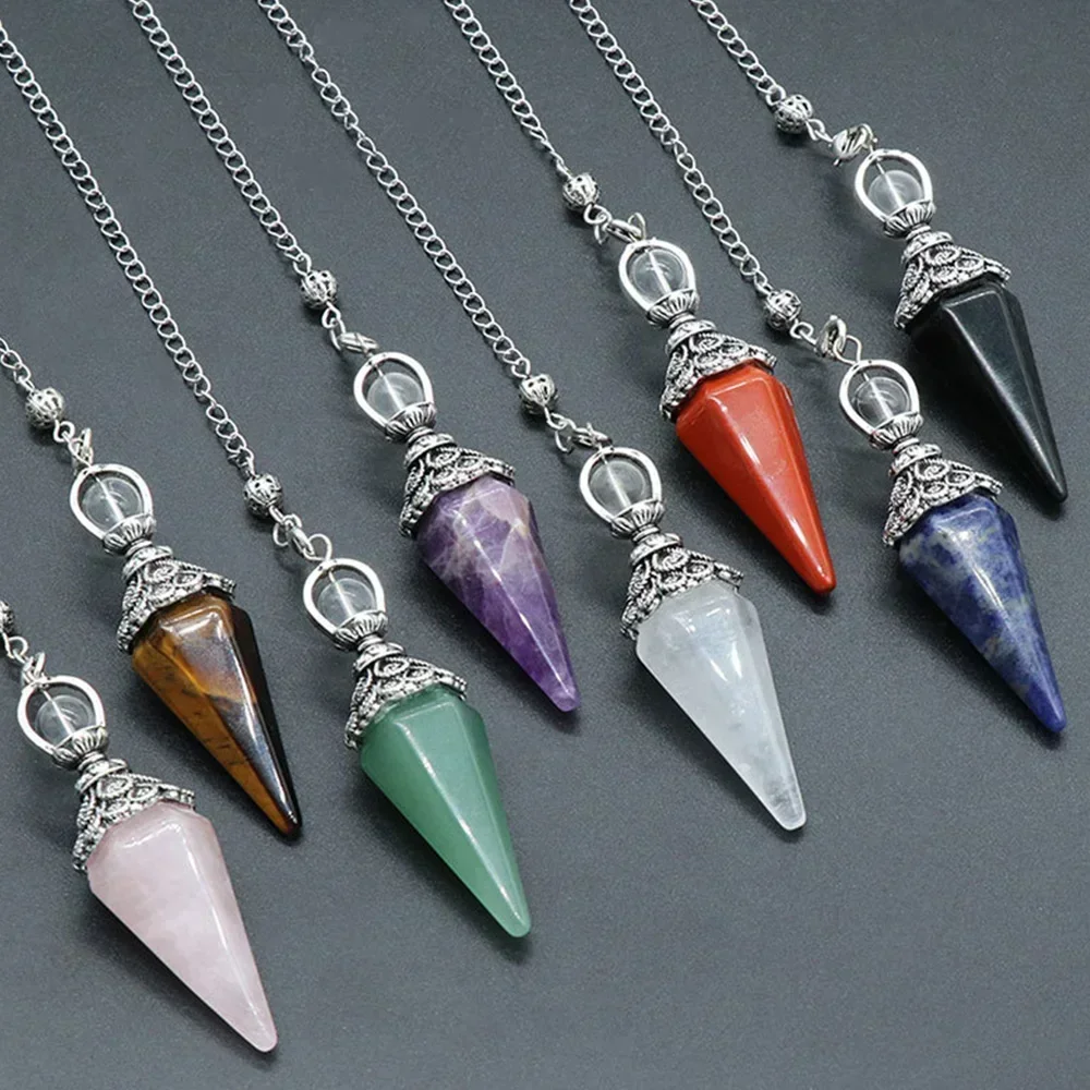 

Crystal Pendulum Wicca Dowsing Divination Healing 7 Chakra Jasper Aventurine Amethyst Quartz Natural Stone Antique Reiki Pendant