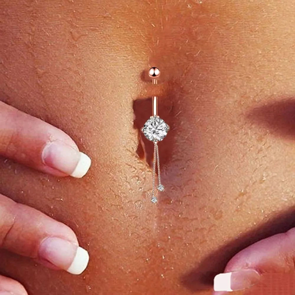 1pc New Zircon Chain Dangle Belly Button Ring Prismatic Pendant Navel Piercing Nombril Umbigo 14G Stainless Steel Belly Piercing