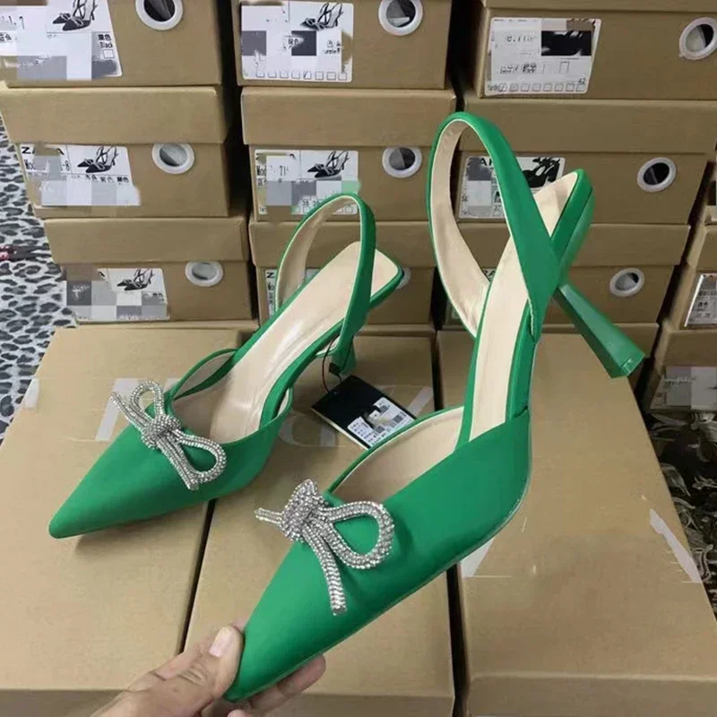 2024Women Blue Slingback Pumps High Heels Crystal Bowknot Party Dress Shoes Sexy Pointed Toe Stiletto Heel Sandals Summer