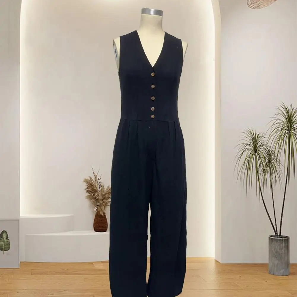 

Vintage Solid Jumpsuit Women Elegant Wide Leg Overalls Pants Summer Sleeveless Loose Rompers With Buttons With Pockets