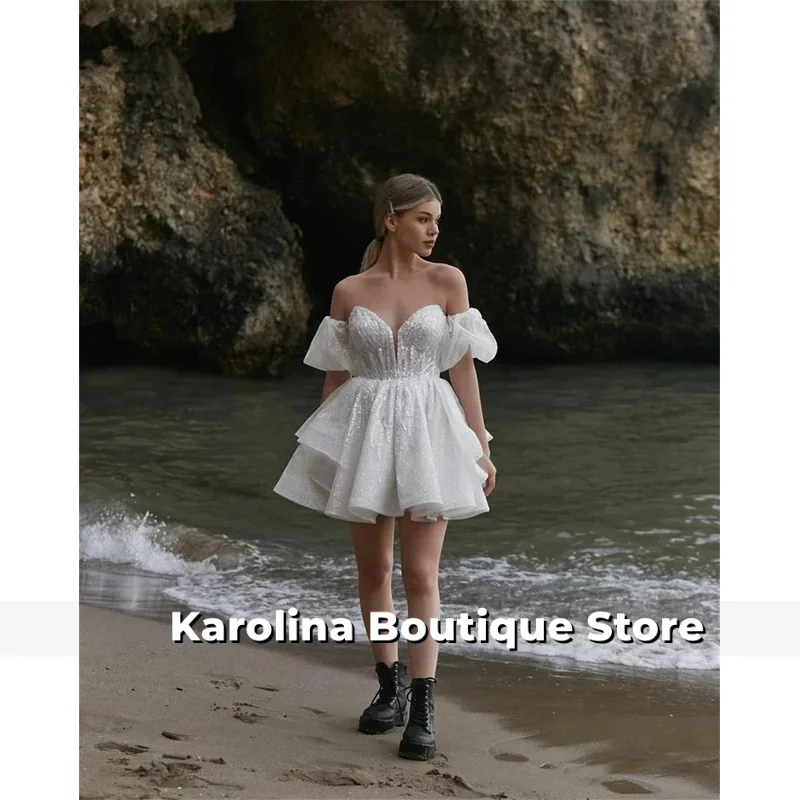 Maßgeschneidertes weißes Abendkleid mit Herzausschnitt und Glitzer, A-Linie, Mini-Kleid, abnehmbare Ärmel, formeller Abend 2025