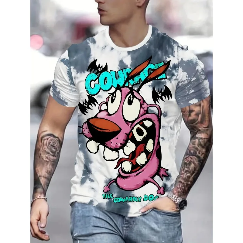 Mens 3D Print T-shirt Polyester Machine Washable Round Neck Knitted Cowardly Pattern Style Pure Comfortable High Quality Regular