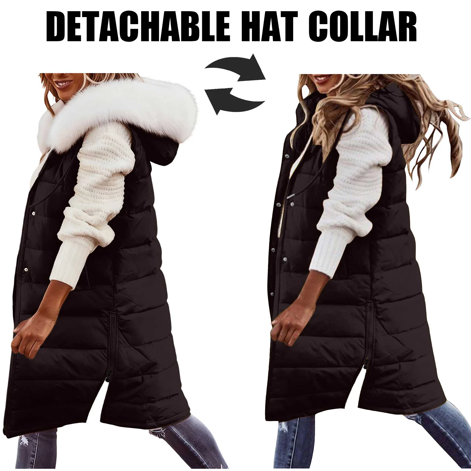 Hairy Collar Long with Hood Outdoor Vest Down Women's Jacket Quilted Coat Sleeveless Jacket Winter Light Weight Sweaters