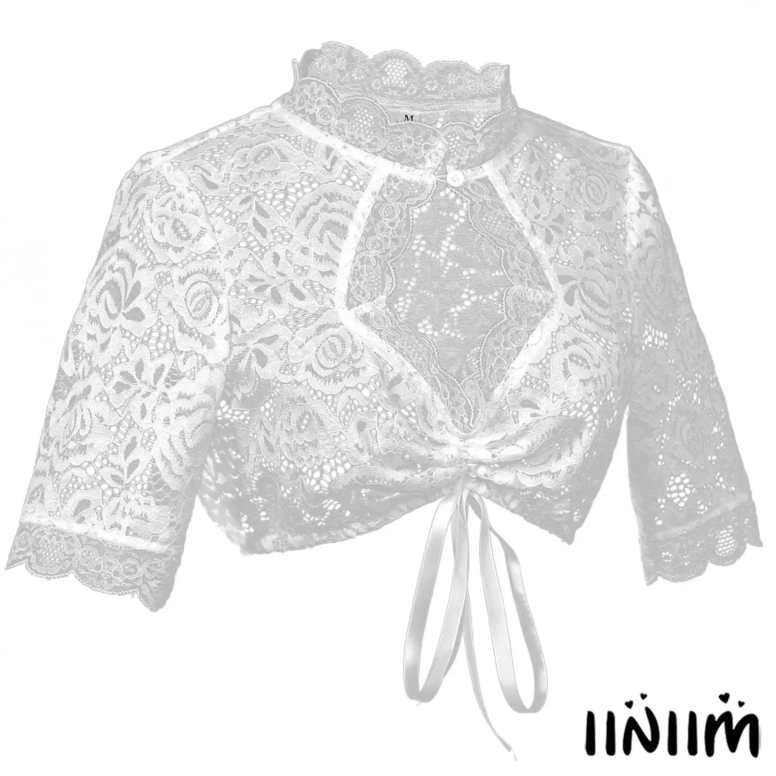 

Womens German Festival Blouse Floral Lace Stand Collar Short Sleeve Crop Top for Oktoberfest Birthday Evening Party Dress Up