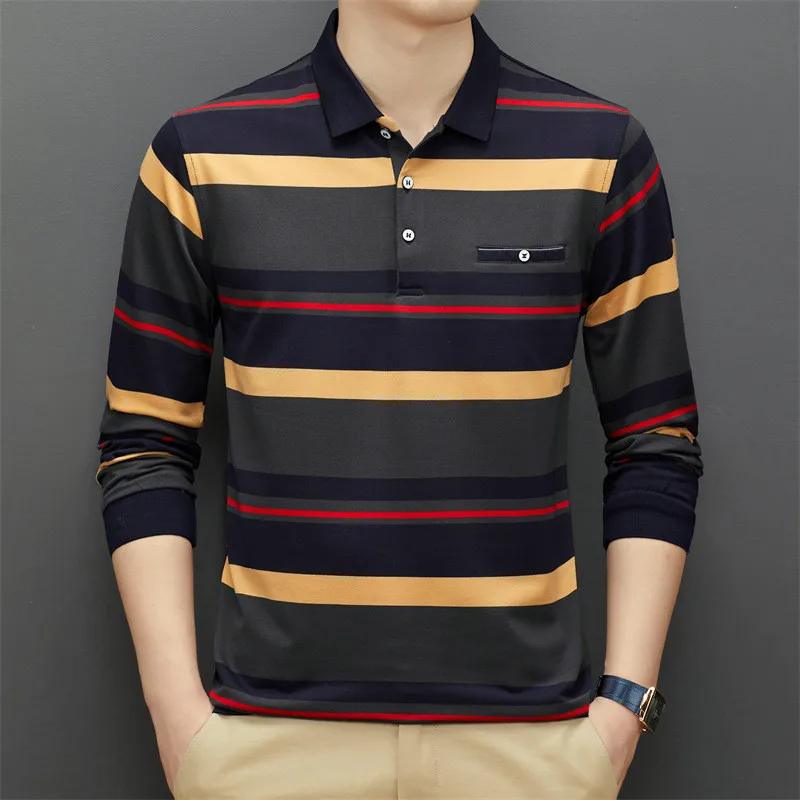 

New Arrival 95% Cotton Polo Shirt Men Long Sleeve Multi-color Autumn Clothing Casual Korean Male Polo Shirt 2022 Striped Shirt