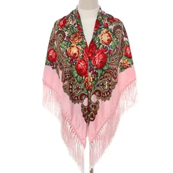 Women Cotton Elegant Muslim Russian Ethnic Floral Printed Vintage Fringe Long Scarf Turban Wrap Shawl Female Tassel Scarf Shawl