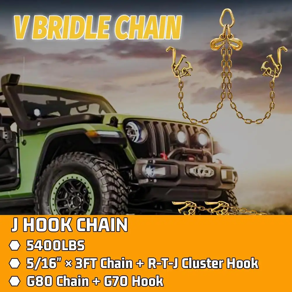 Adjustable V Bridle Tow Chain with R-T-J Cluster Hooks and Grab Hooks 5400 Lbs Working Load Heavy Duty Tow Chain Easy to Use DOT