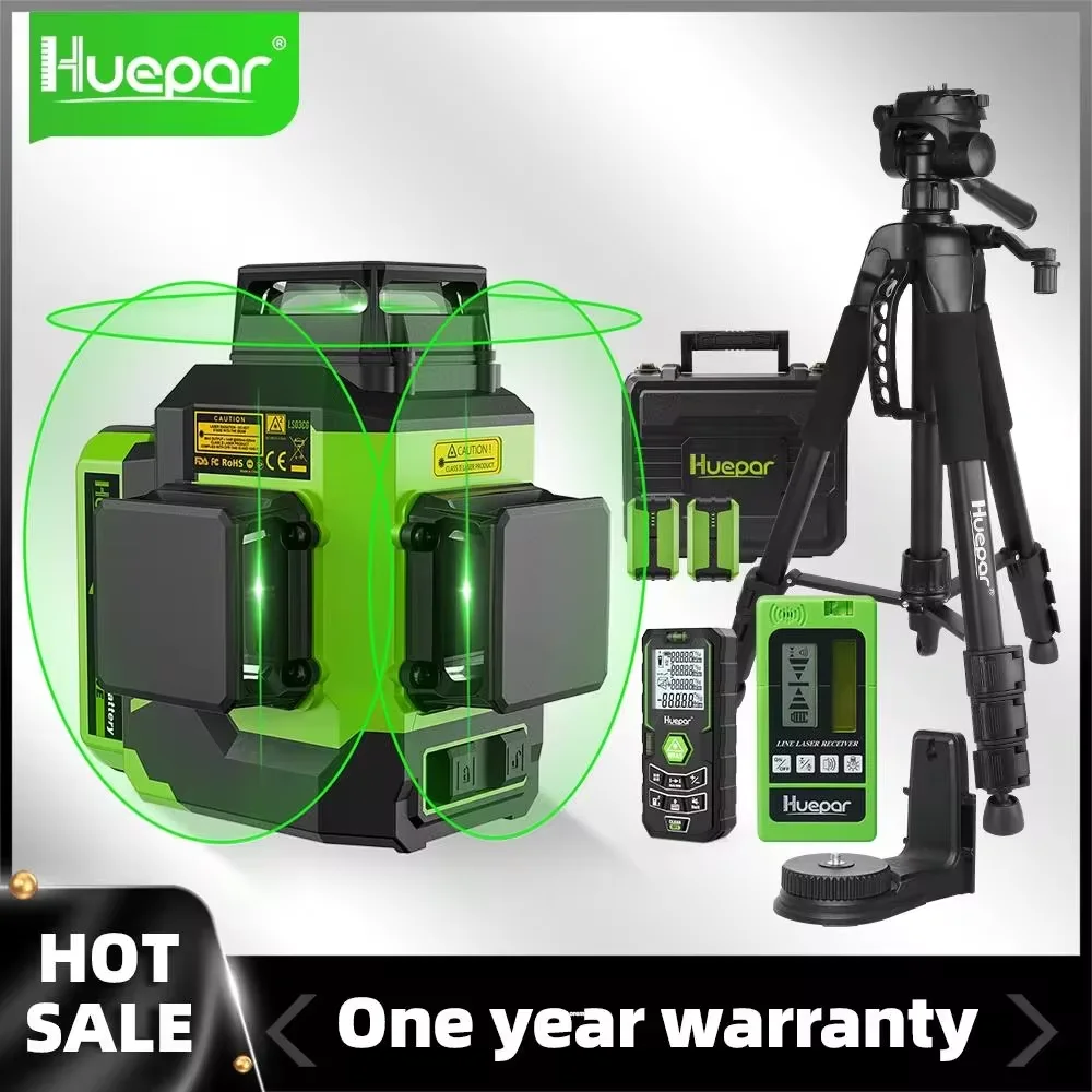 Nível Laser com Hard Case 12 Linhas Verde Auto-nivelamento 3×360 ° Horizontal e Vertical Osram Cross Line Li-ion Battery Huepar3d