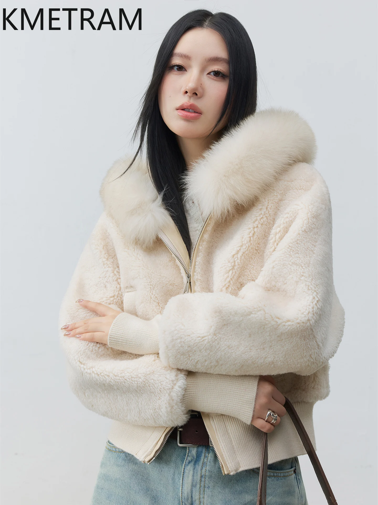KMETRAM Natural Merino Sheepskin with Wool Attached Coat Hooded Woman Short Real Fur Jacket with Fox Collar 2025 Winter Clothes