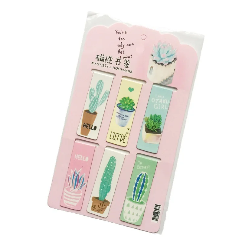 6 pçs/pçs/set plantas verdes cactus marcador magnético kawaii livros marcador de página estudante papelaria escola escritório suppl