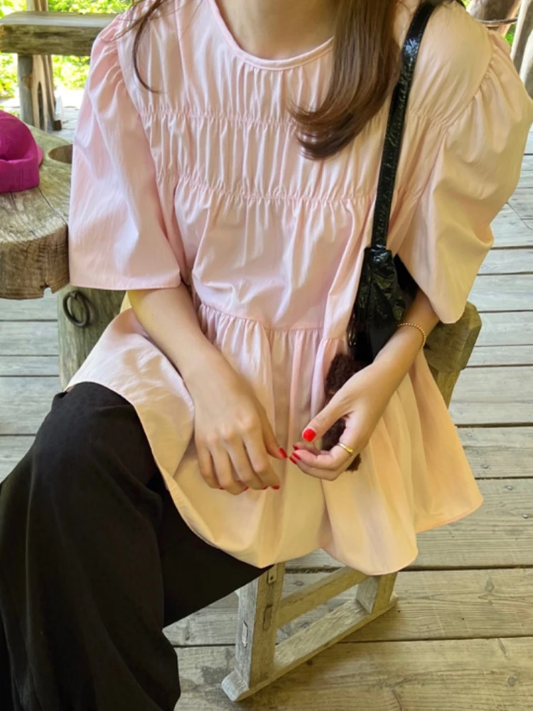 Coreano Sle Bubble Sve irt Donna Sciolto Pieghettato Bambola Estate 2024 Faionable Unico Top rotondo Ne ort Sve Colore Puro