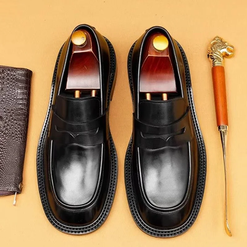 

High Quality Full-grain Leather Business Casual Shoes For Men Luxury Round Toe Slip-on Platform Mens Loafers Dress Shoes