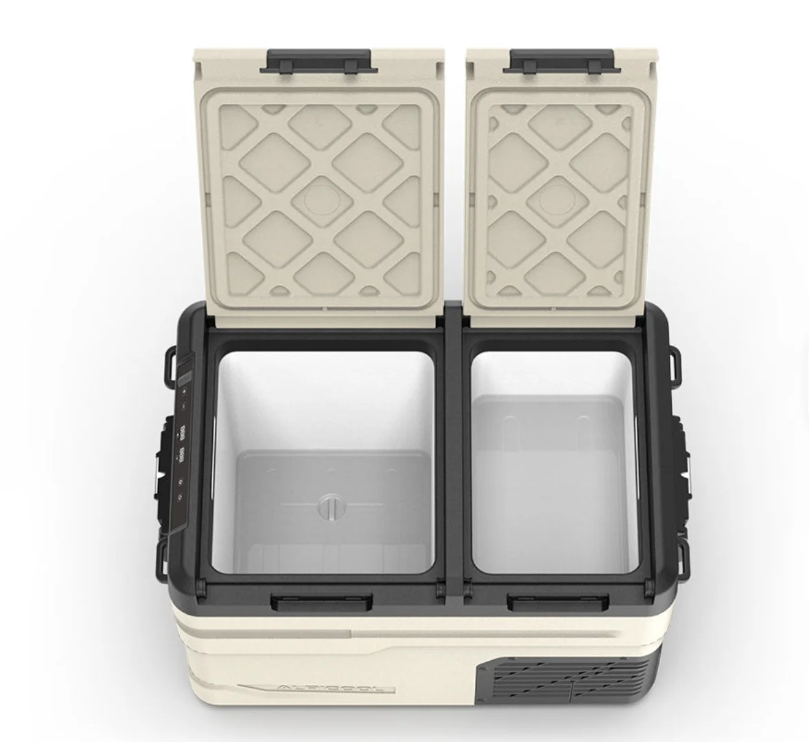 Portable 12V/24V/220V dual-zone outdoor car freezer refrigerator, made of durable plastic material, capacity 40-55 liters