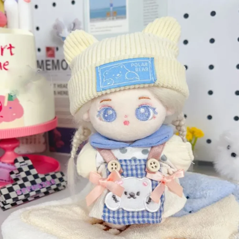 Saia xadrez 10cm roupas de boneca de algodão pequeno urso chapéu manchado topo 20cm roupas de boneca roupa bonito terno conjunto de roupas de boneca