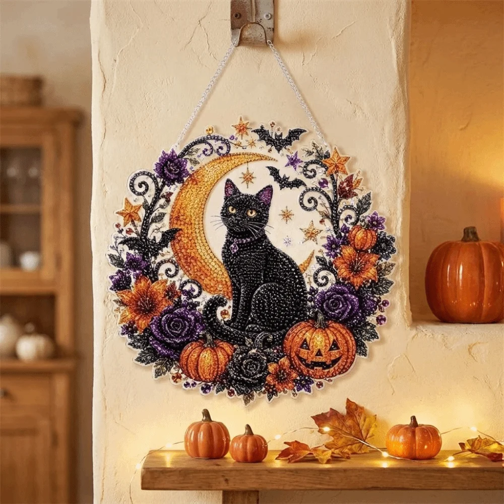 Acrylic Halloween Diamond Painting Kit Round Sparkling Ghost Sun Catcher Black Cat with Hanging Chain