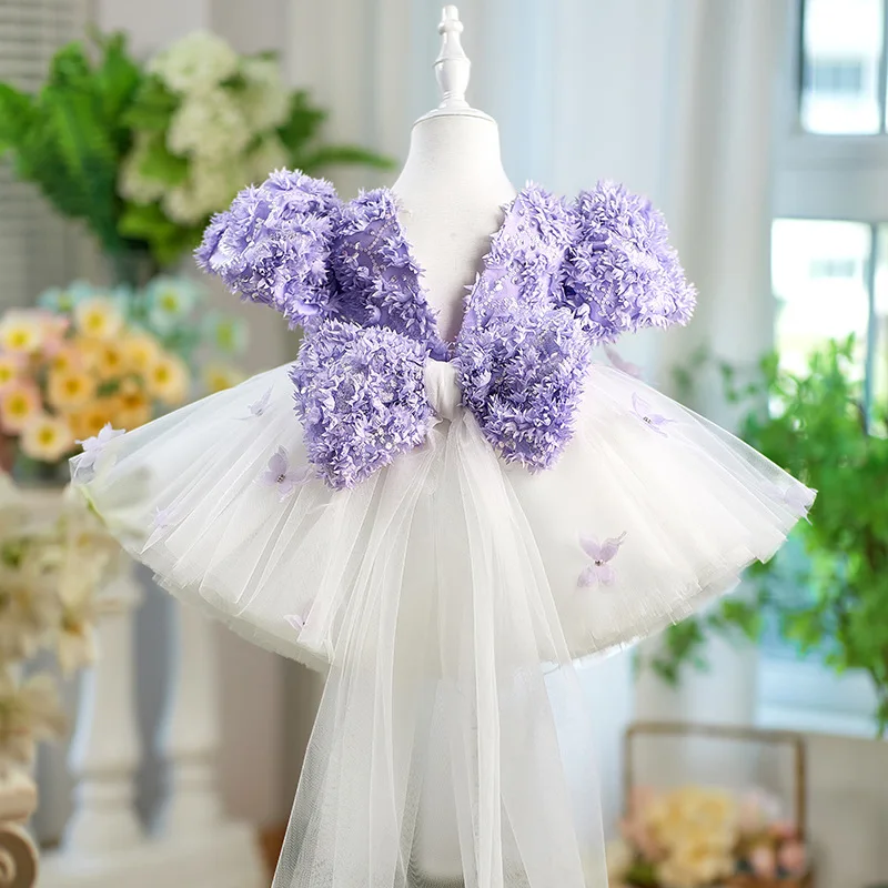 2026 new purple puff sleeve children's gown, suitable for special occasions tuxedo, gorgeous and elegant cocktail party evening