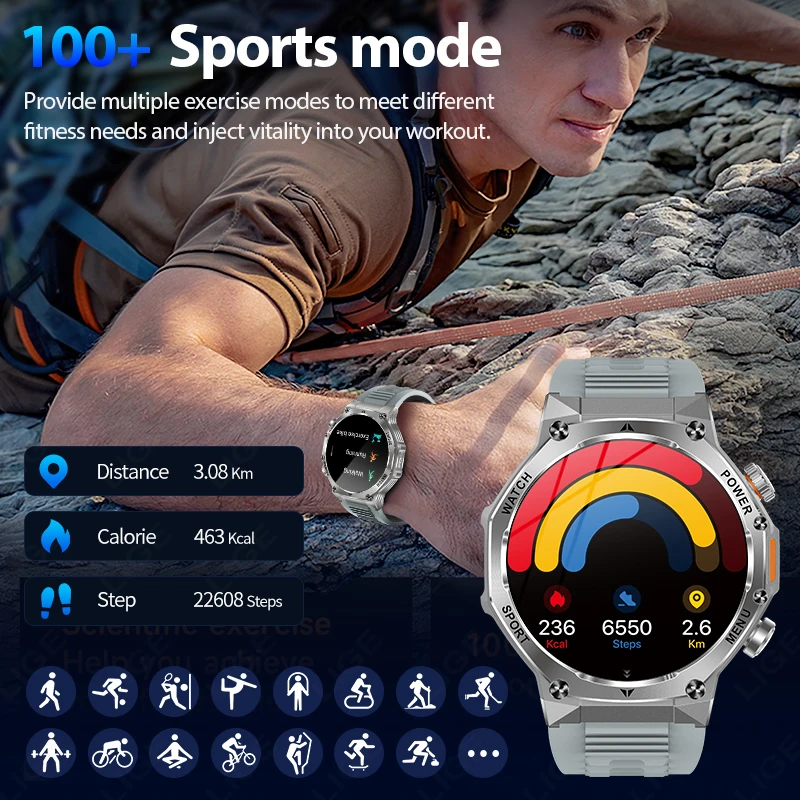 ساعة ذكية LIGE مزودة بمصباح يدوي مقاس 1.9 بوصة للرجال، ساعة رياضية خارجية، بطارية كبيرة 700 مللي أمبير، ساعة ذكية مزودة ببلوتوث وإضاءة LED