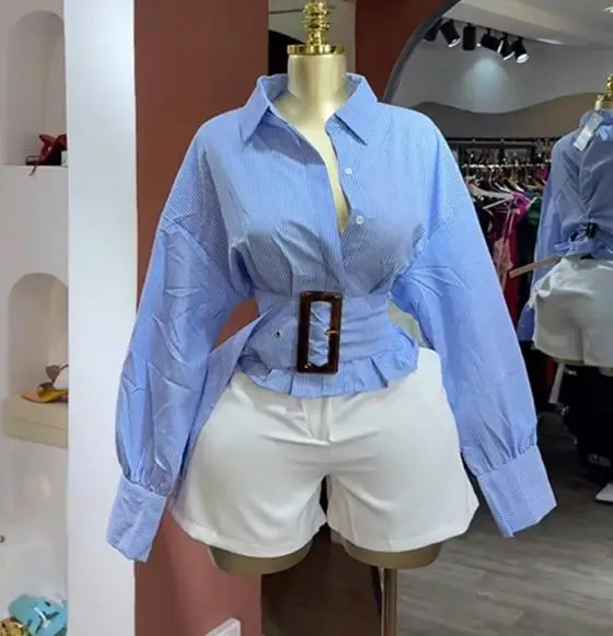 Women's Clothing 2025 Autumn New Design Lapel Waist Cinching Lace Up Short Striped Long Sleeved Shirt Commuting Elegant Shirt