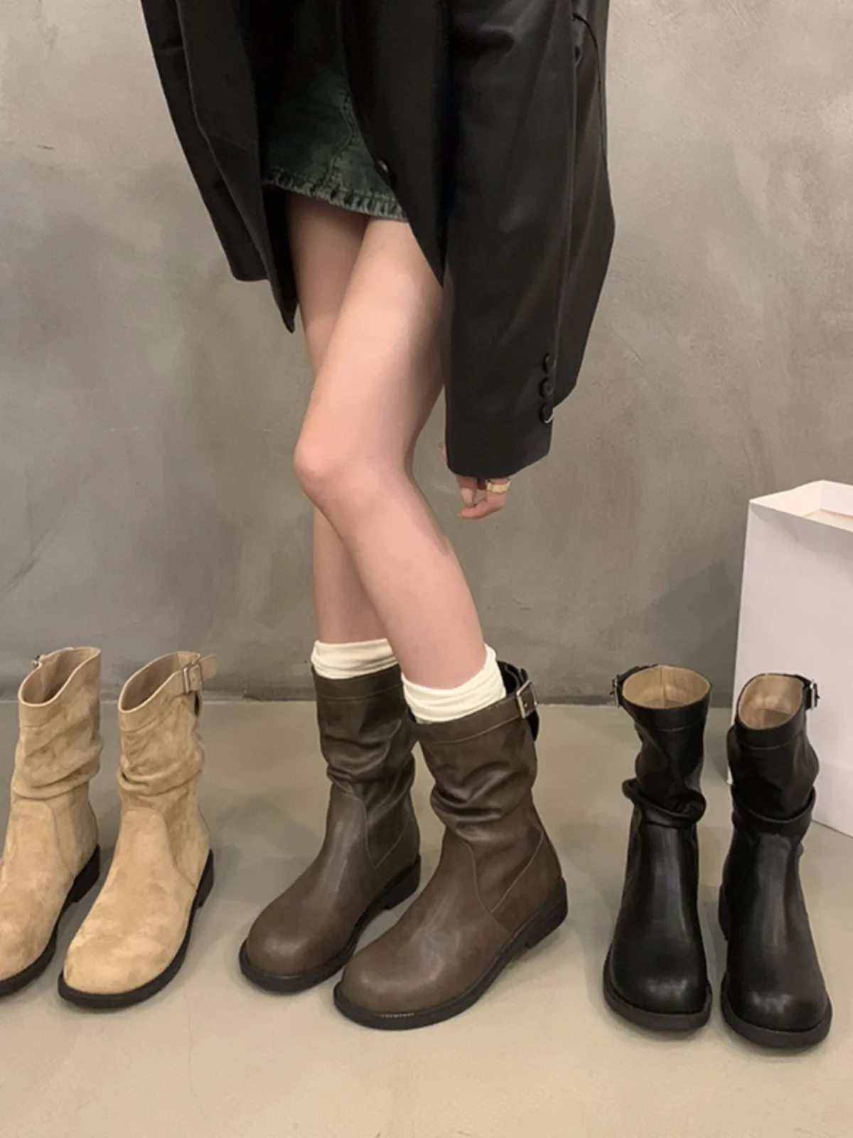 British Sle Chunky Heel Middle Boots Knight Boots Women 2024 New Retro Pleat Pile Sle round Toe Ankle Boots Women  ...