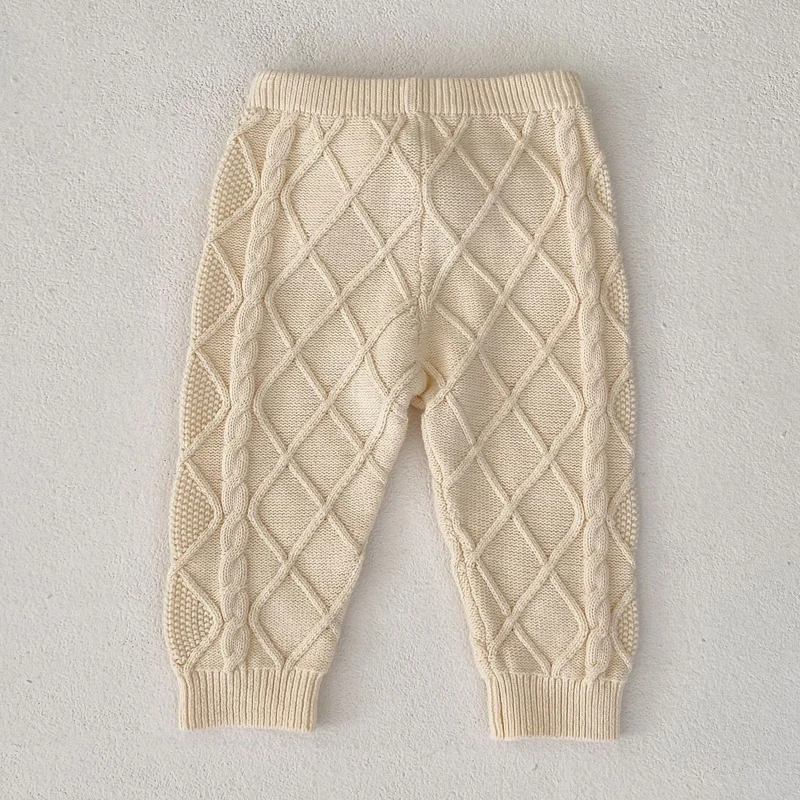 Autumn new 0-3 year old baby pants for boys and girls, diamond pattern apricot white knitted elastic ankle long pants