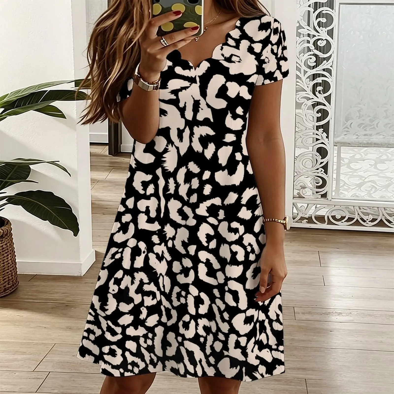 Women Print Scalloped V Neck Short Sleeve Midi Dress Loose Casual Summer A Line Dress