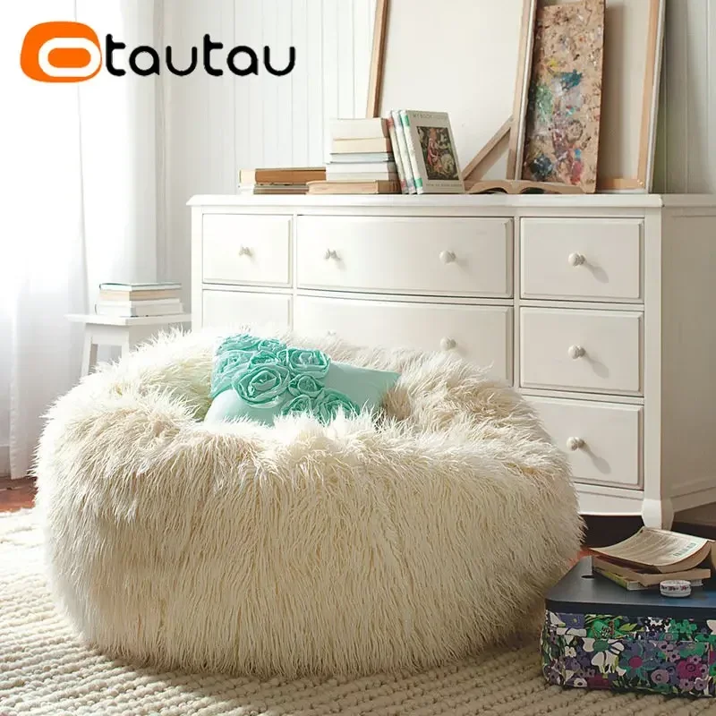 OTAUTAU Faux Long Fur Bean Bag Cover Without Filler Floor Seat Pouf Ottoman Beanbag Chair Frameless Sofa Puff Futon DD012