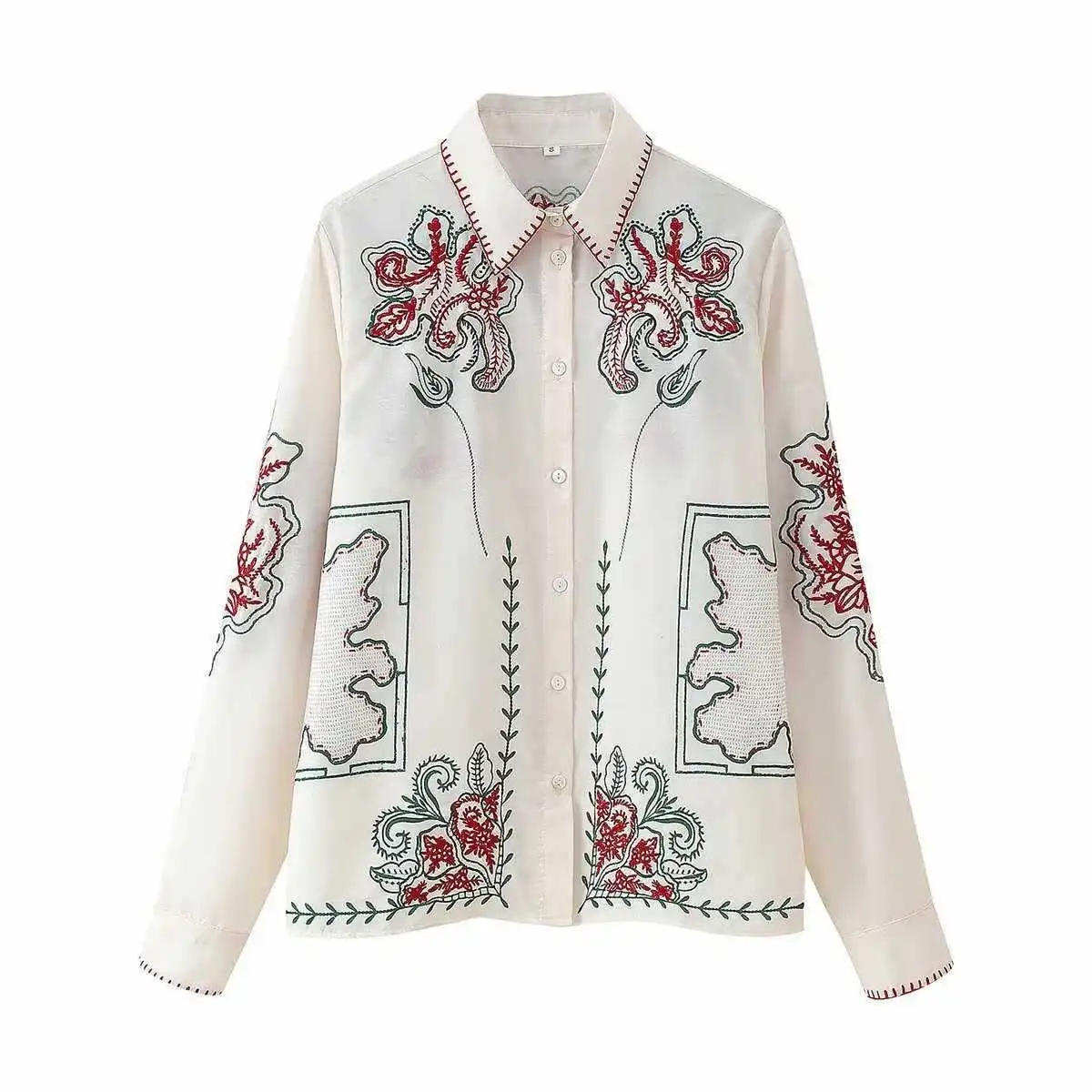

Ethnic Embroidery Shirt Women Summer Fashion Long Sleeve Button-Down Loose Shirts Blouses Lady Casual Beach Tops Streetwear 2025