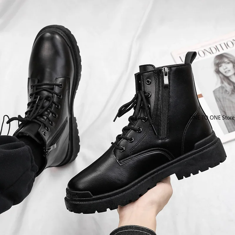 Hot Men's Shoes High Top Doc Martens Black English Cargo Leather Boots Men's Premium Sense Full Side Zipper Riders Riding Boots