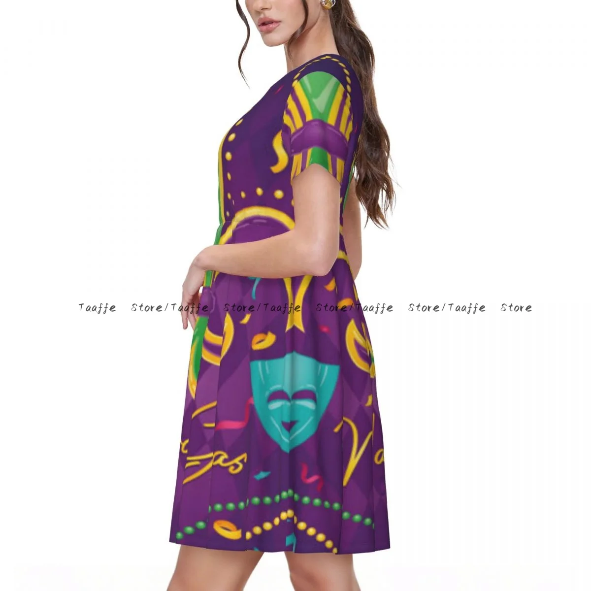 Women Dress Lis Flower And Venetian Masks Mardi Gras Poster Summer Elegant O Neck Short Sleeve Female Casual Loose Long Dress