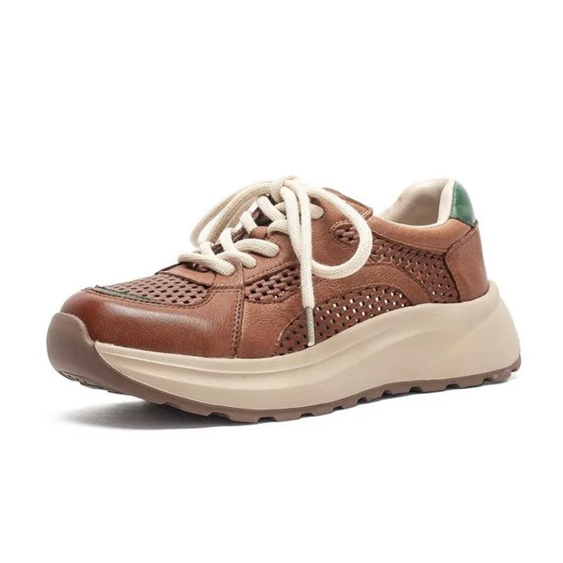 

Women Casual Sneakers 2026 Summer Flat Platform Genuine Cow Leather Hollow Out Breathable Lightweight Thick Sole Shoes