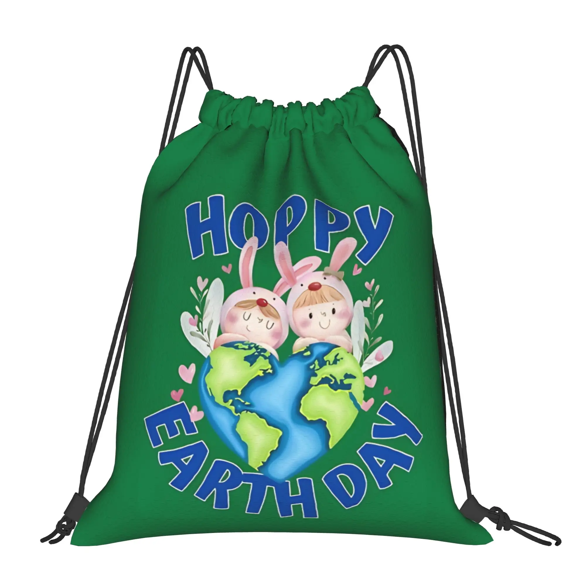 Earth Day Heart Earth With Bunnies Rabbit  Multi-function Pocket Men Women Storage Backpack  Travel Bag Print Drawstring Bags