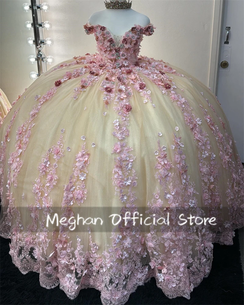 Rosa fora do ombro apliques quinceanera vestidos grânulo 3d flor 2025 aniversário vestido de luxo formal doce 15 personalizado