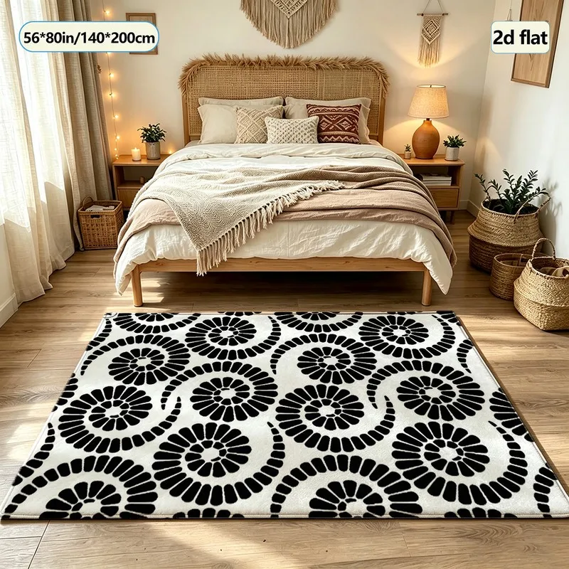 1 Piece of Black and White Abstract Floral Round Carpet, Simple Home Decor Floor Rug, Suitable for Indoor Use