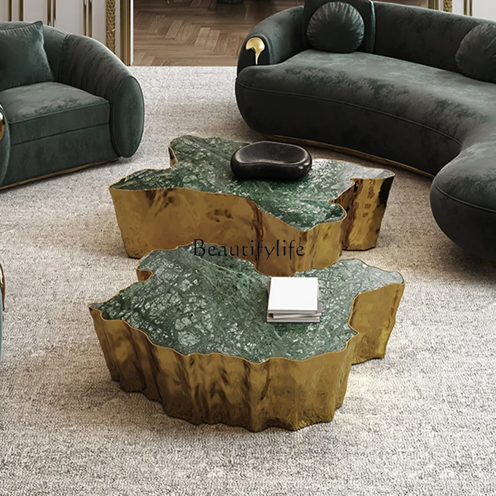 

02Stainless steel special-shaped tree root marble coffee table high-end custom living room light luxury coffee table