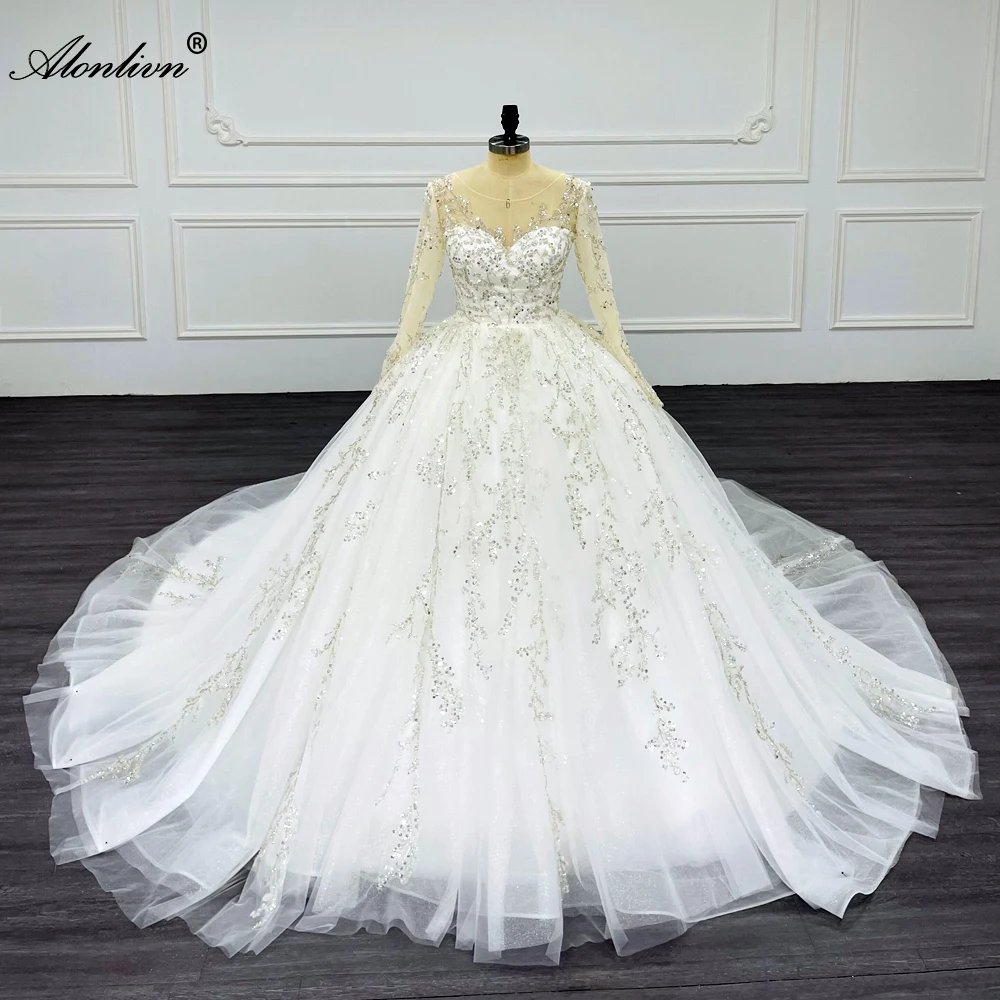 

Alonlivn Scoop Neck A-Line Wedding Dresses With Beading Pearls Embroidery Lace Full Sleeves Bridal Gowns