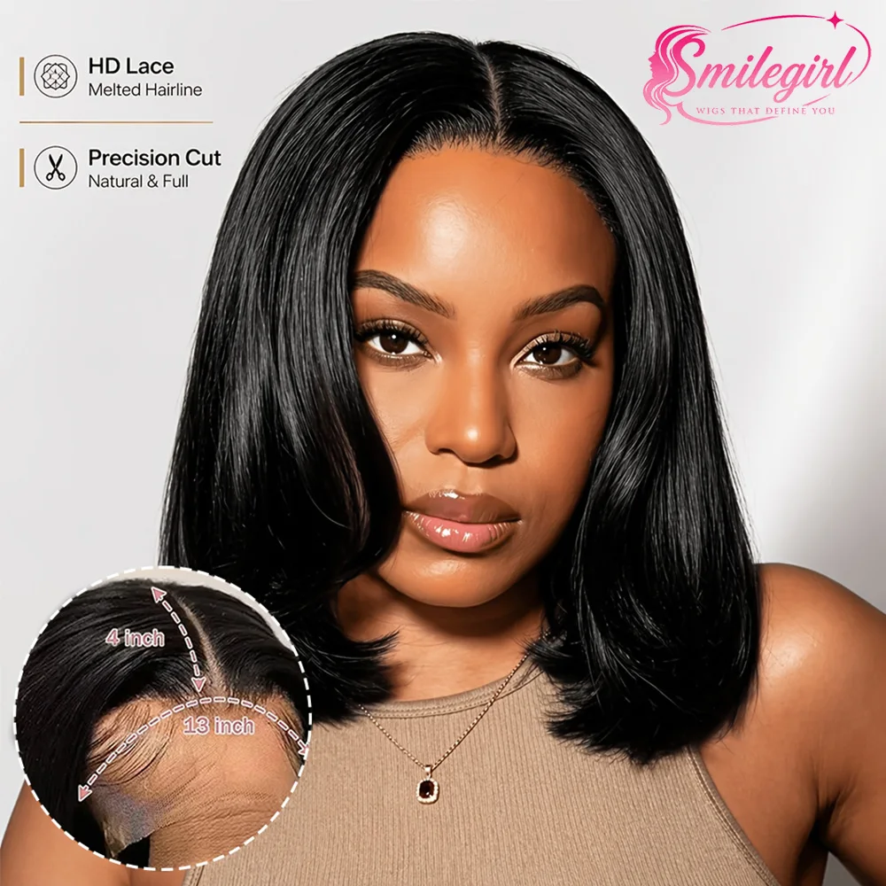 Smilegirl Bone Straight Short Bob Wig 13x4 HD Transparent Lace Front Human Hair Wigs 200% Density For Black Women Pre Plucked Realistic Scalp