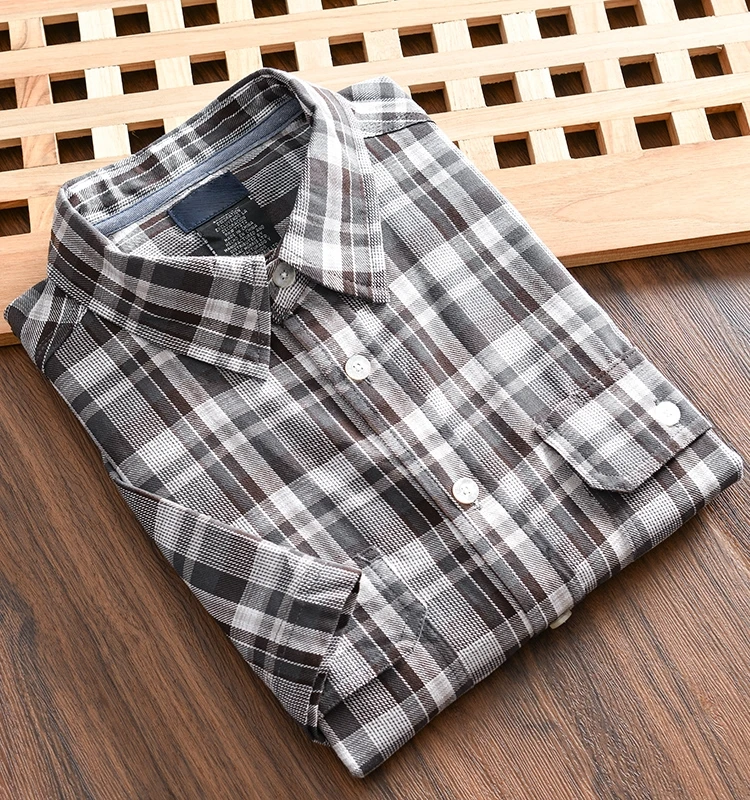 

Washed Cotton Shirt Men's Summer American Casual Retro Workwear Plaid Short Sleeve Loose Fit Youthful Style Sharp Collar
