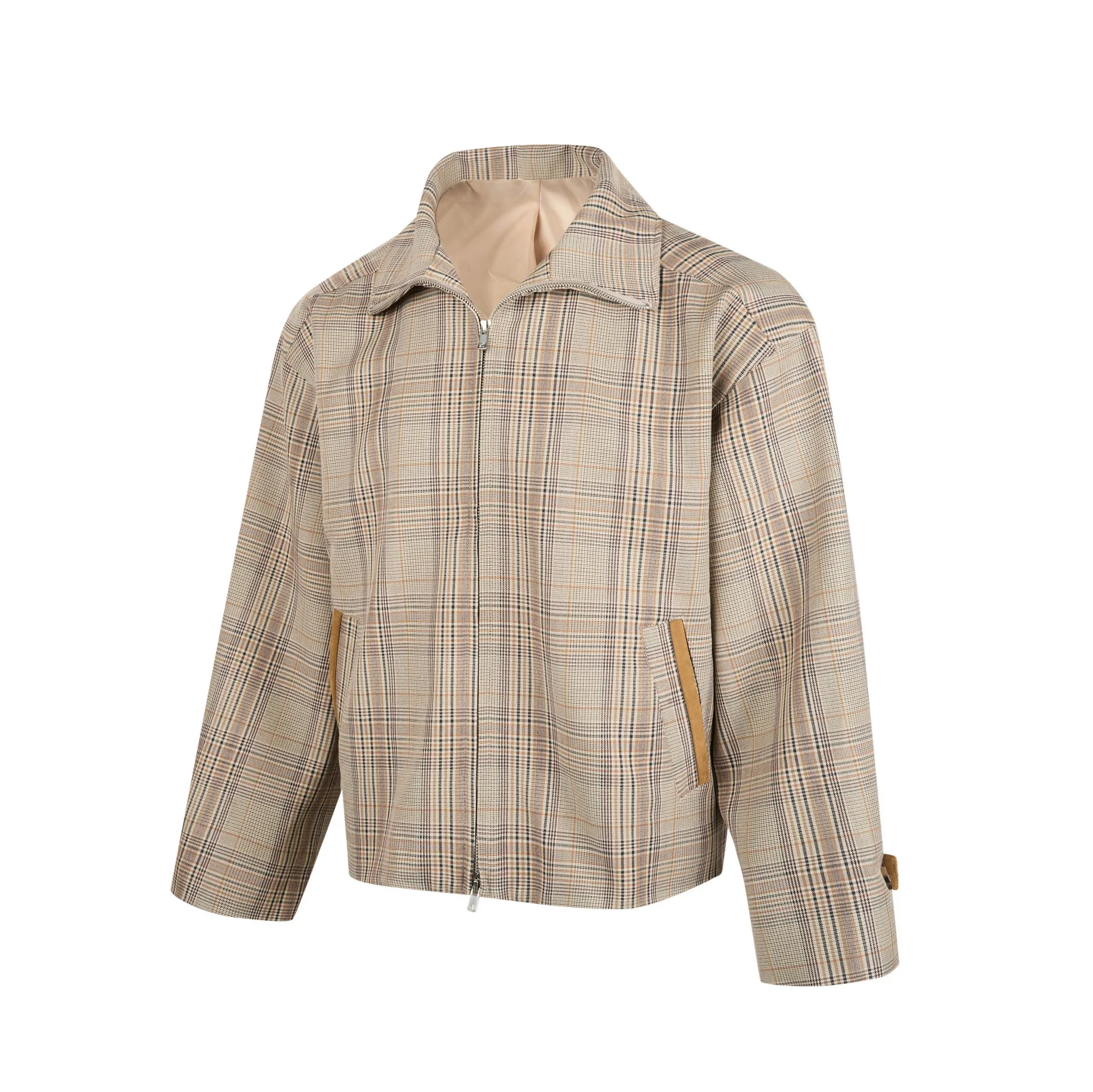 MWJLPWQ Vintage Plaid Zip Up Coach Jacket Contrast Pocket Trim Lapel Collar Lined Cropped Loose Men Retro Street Outerwear 17013