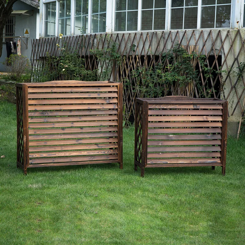 Pastoral outdoor wooden flower stand, grid preservative wood air conditioner outer hood, white louver solid wood
