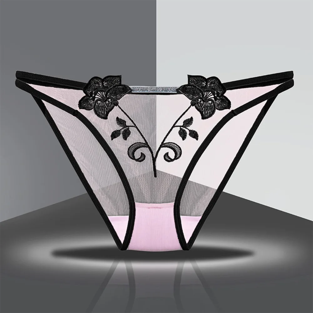 

Hollow Out Women's Flower Embroidery Panties Thin Belt Thong Mid Waist Mesh Briefs Lingerie Seamless Mesh Transparent Underpants