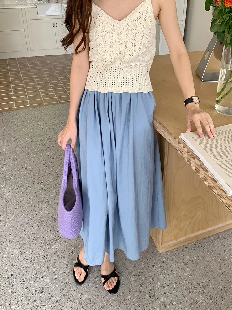 

High Waist Pleated Blue Casual Women's Skirt Summer 2026 Korean Style Lazy Feel Half Body Umbrella Skirt Fashion Ladies